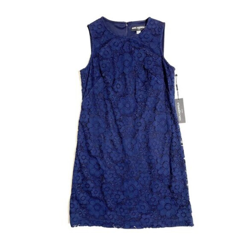 Karl Lagerfeld Womens Navy Blue Floral Lace Front Cocktail Shift Dress SZ 8 NWT